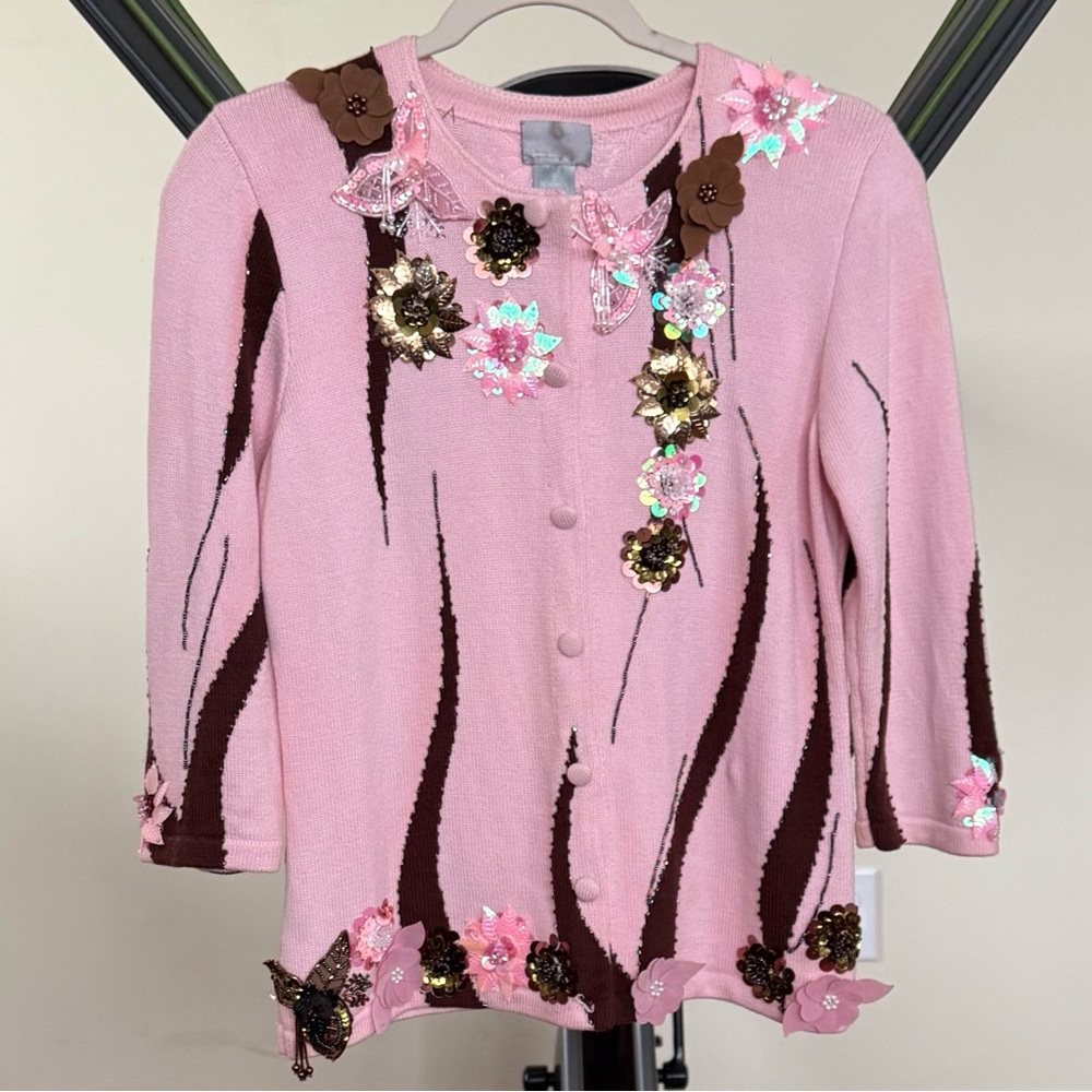 Berek Womens Size S Pink Cardigan With Shoulder Pads Sequins Beads